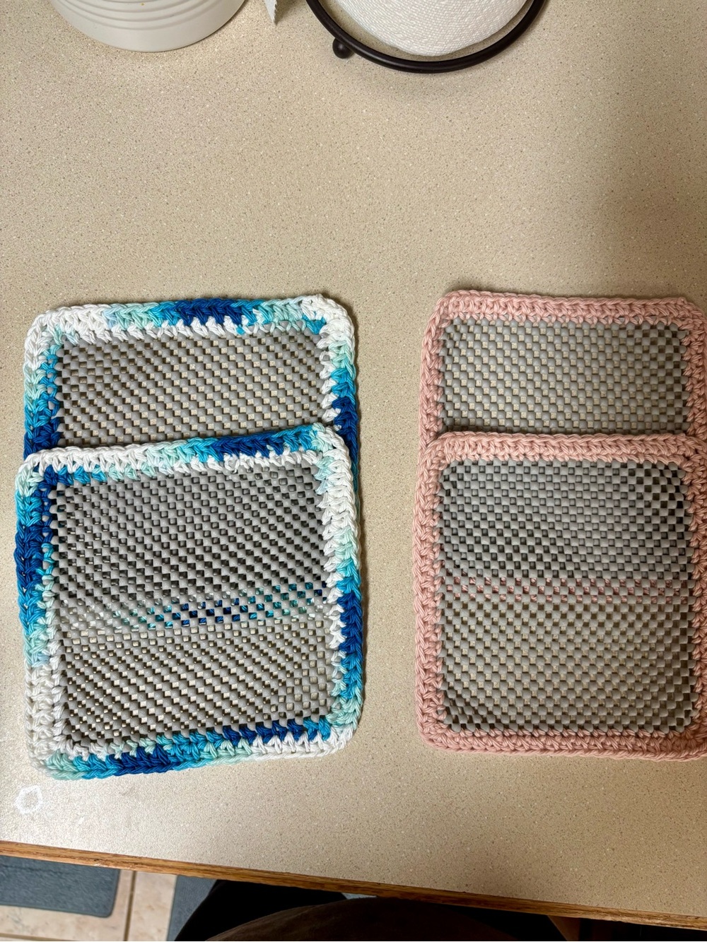 Handmade Jar Grippers with Crochet Edge - Blue & Pink